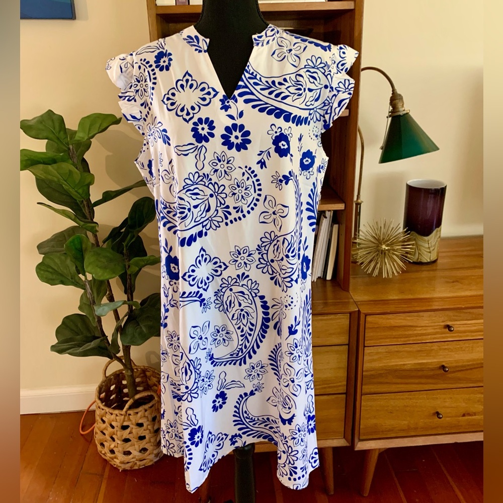 Women’s Blue & White V-Neck Collarless Dress Size L